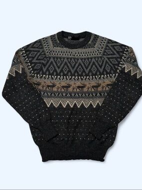Men's Crewneck Fair Isle Sweater in Charcoal and Tan
